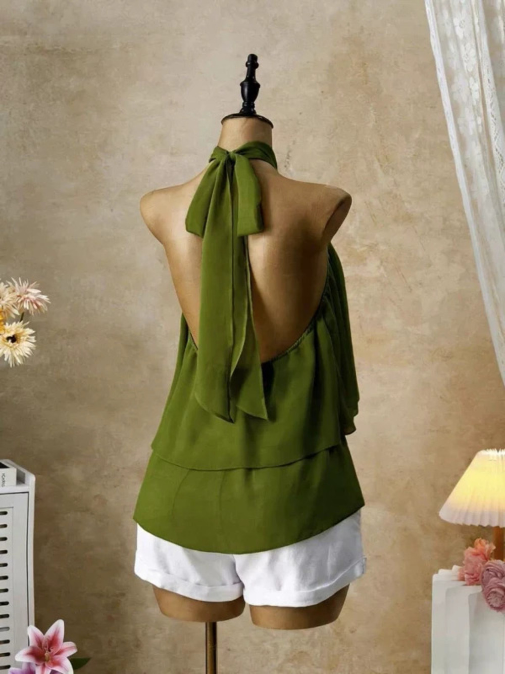 ZARA Green French Chic Double Ruffle Halter Open Back Tie Top